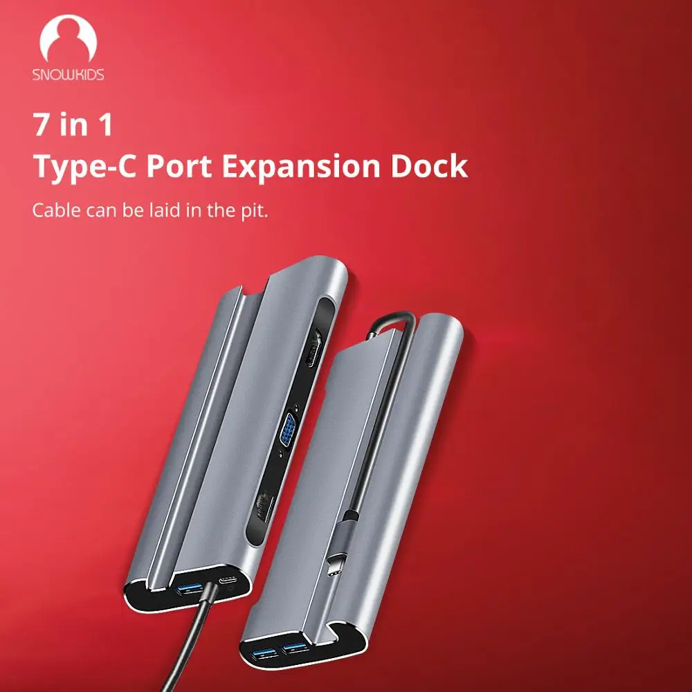 Snowkids Type C Docking Station for Laptop Smart Phone 7 in 1 VGA PD LAN HDMI USB3.0 Port Expansion