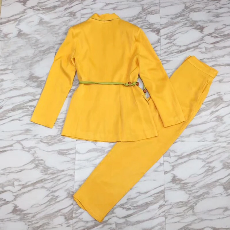 Желтые брюки костюмы для женщин пояс кисточкой туника с длинными рукавами блейзер с высокой талией брюки-макси женские осенние 2019 OL
