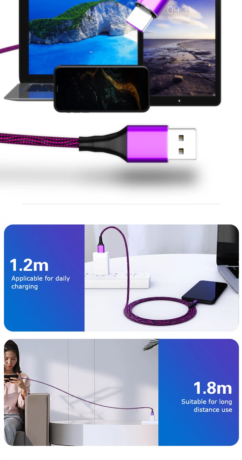 POPSTAND, быстрая зарядка, usb type C, светодиодный нейлоновый Micro USB кабель, 1,8 м, синхронизация данных, USB кабель для зарядки iphone, huawei, samsung