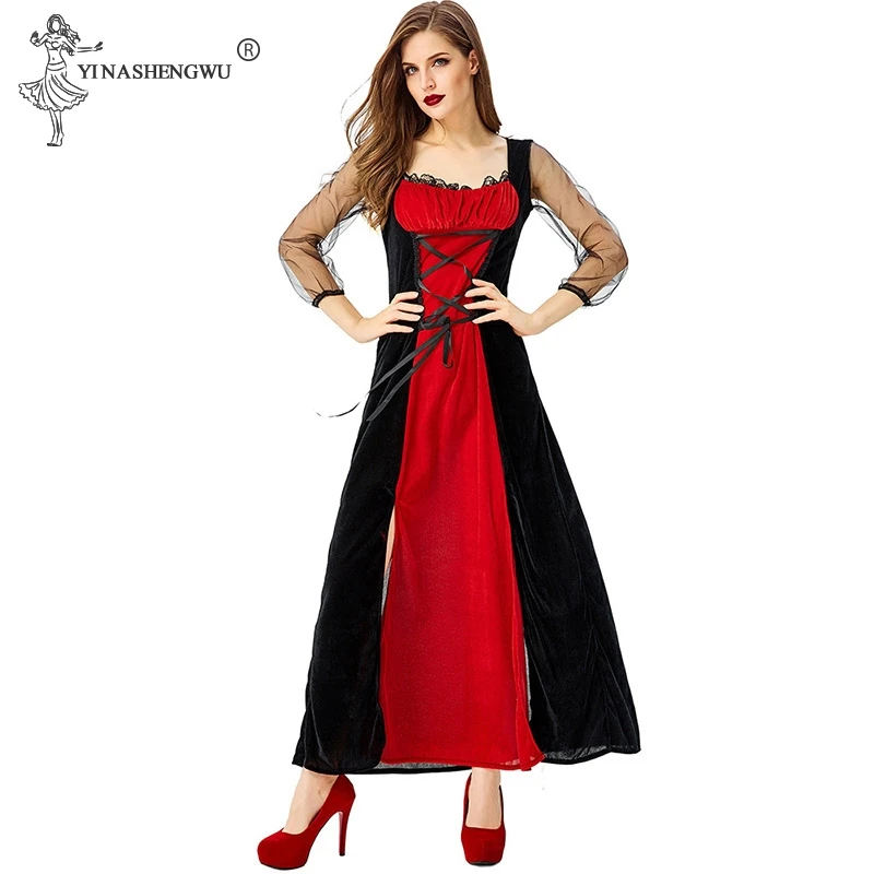 Deluxe Halloween Sexy Adult Women Vampire Costumes Victorian Vamp Fancy Party Dress Red and Black Witch Female Costumes