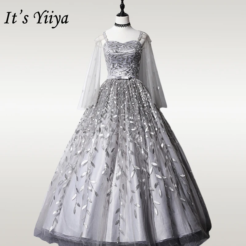 

It's YiiYa Wedding Dress Feather Embroidery Gray Wedding Dresses Long Sleeve OY037 Elegant Plus Size Bridal Vestido De Novia