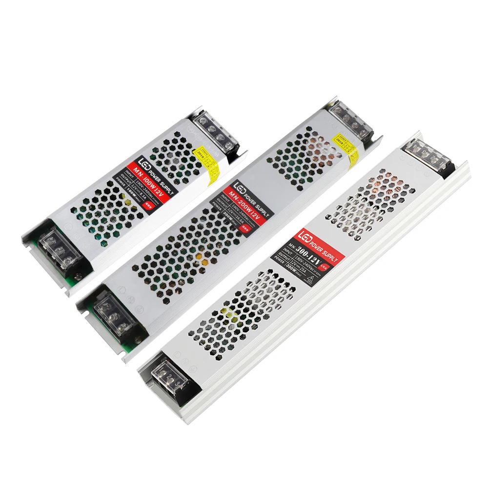 Ультра тонкий 12V трансформатор источник питания 100W 200W 300W светодиодный адаптер для светодиодных лент светильник