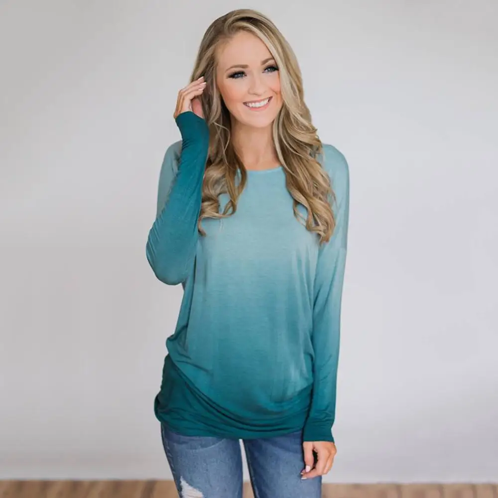 

High Street Fashion Blue Solid O-Neck Long Sleeve T-shirts for Women 2019 New Autumn Winter Loose Casual Tee Shirts Tops Female