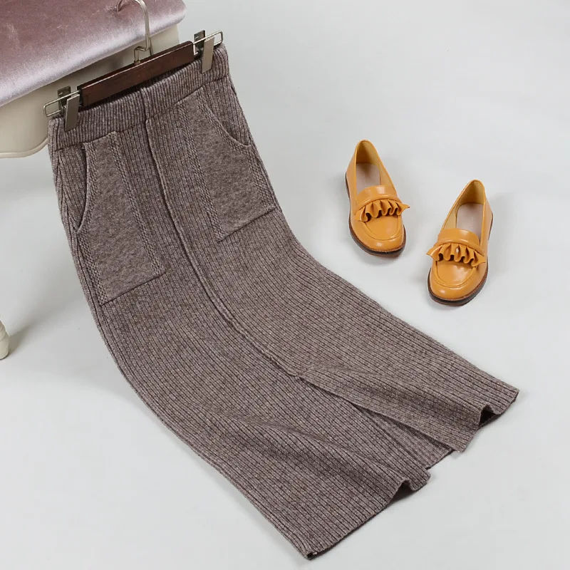 Трикотажная юбка с двойным карманом, высокая талия, вязаные юбки с разрезом, восстановленные древние пути, рекреационная полосатая сумка, Плотная юбка