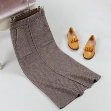 Трикотажная юбка с двойным карманом, высокая талия, вязаные юбки с разрезом, восстановленные древние пути, рекреационная полосатая сумка, Плотная юбка