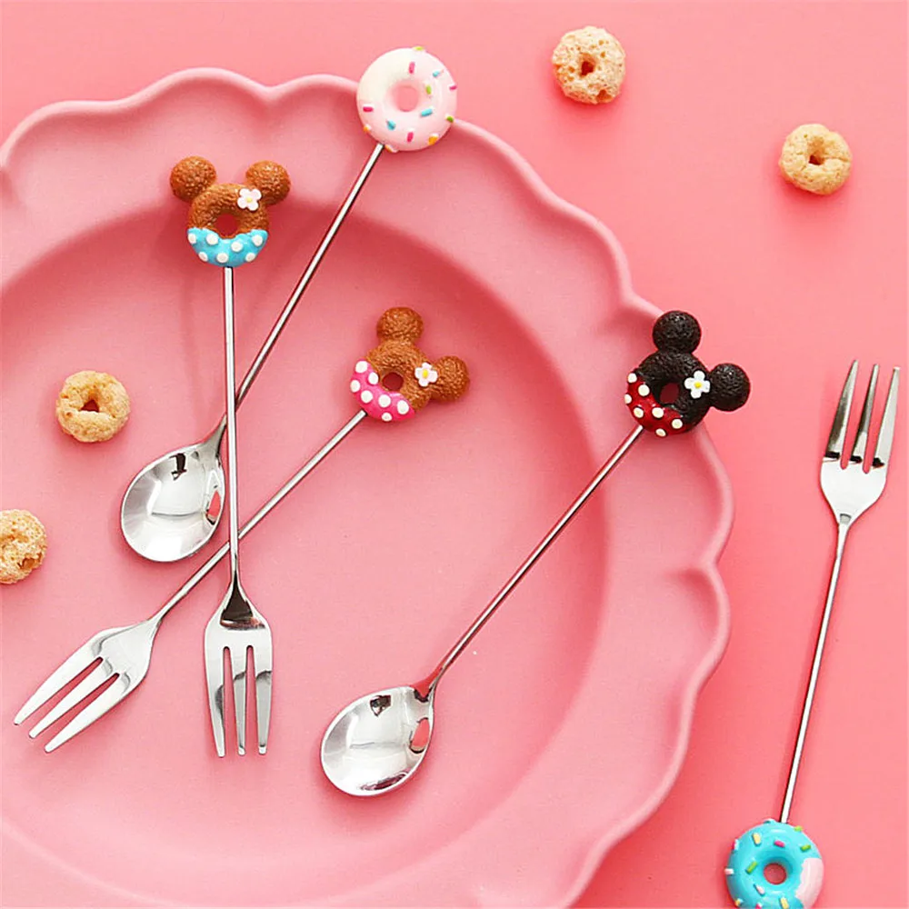 304 Stainless Steel Spoon Fork Cartoons Doughnut Silver Cutlery Coffee Dessert Tea Ice Cream Teaspoon Forks Dinnerware Tableware