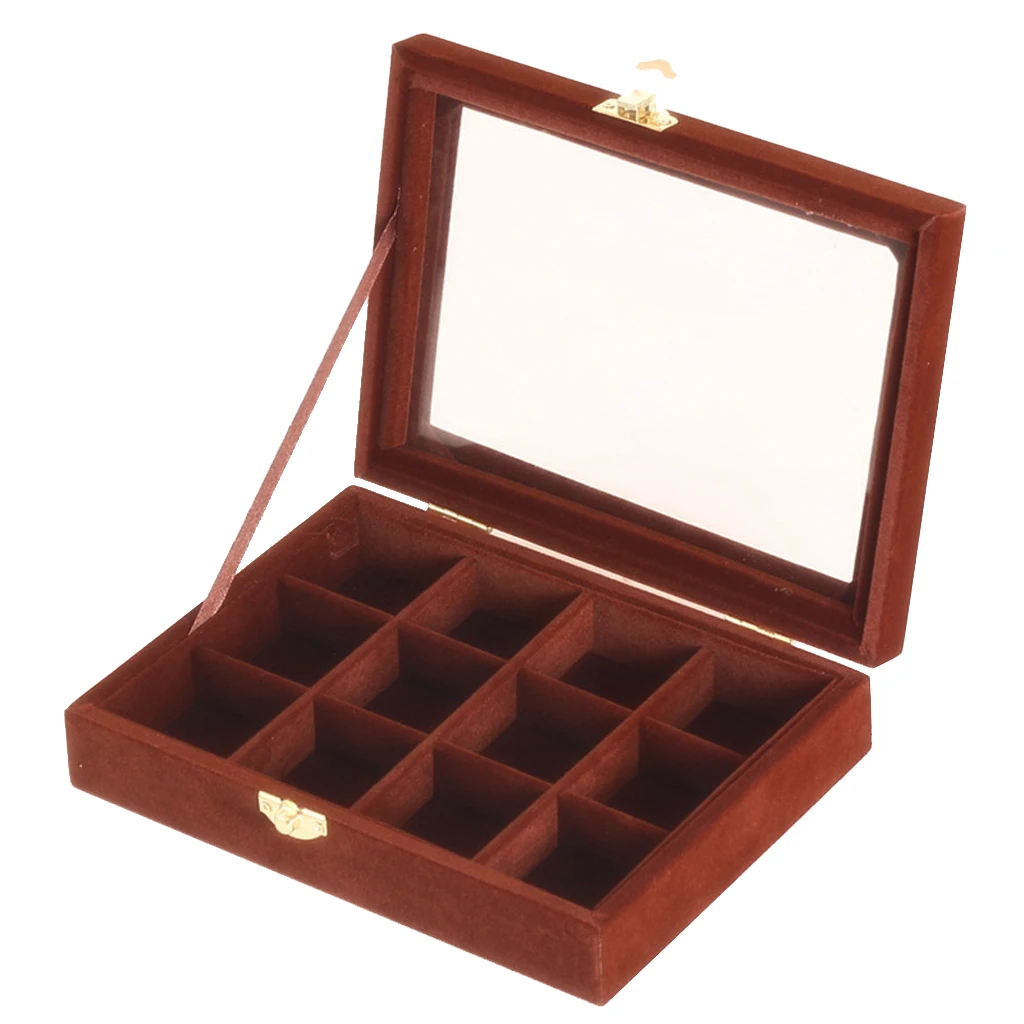 Brown 12 сеток кольцевые запонки, коробка для хранения Коробка для ювелирных изделий бархатный чехол для переноски со стеклянной крышкой выставочный стенд для украшений органайзер для хранения - Цвет: Brown