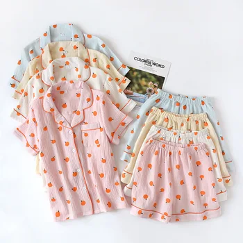 

Printed Short-sleeved Shorts Pjs Set Women Pajamas Cotton Loose Pizamy Damskie Homewear Sleep Clothes Summer Women Pajama Set