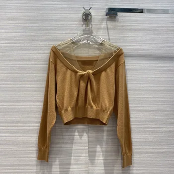 

High Quality Chic Sweater Shirt 2020 Early Autumn Women Sexy Off-shoulder Mesh Gauze Receiving Waisted Short Knitted Sweater Top