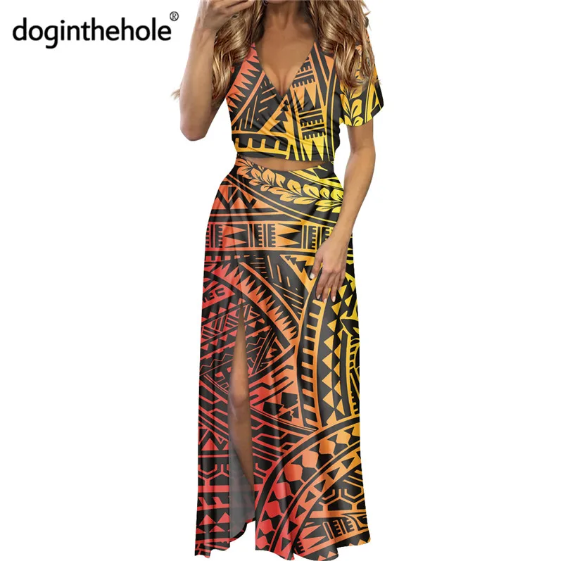 

Doginthehole Women's Stylish Ourfits Maxi Dress Hawaii Samoa Tribal Pattern Lady's Sexy Side Slit Dress Summer Midriff Beachwear