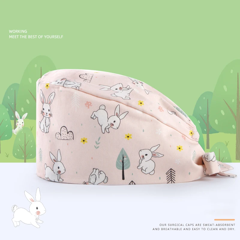 

Rabbit Women's Nurse Work Cap Surgical Caps Medical Scrub Hat Chef Cooking Tieback Skull Caps 100% Cotton Sweatband Veterinary