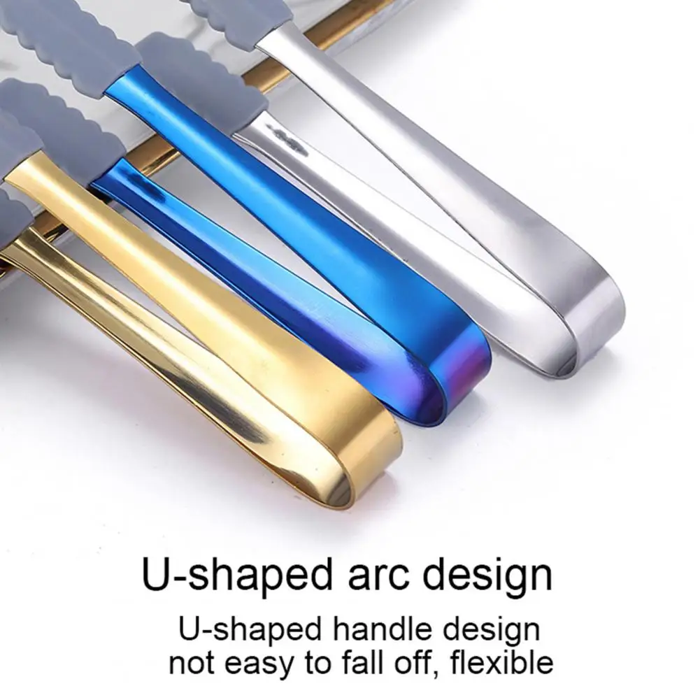 Stainless Steel Ice Cube Sugar Tongs Silicone Anti-slip Food Serving Clip Clamp