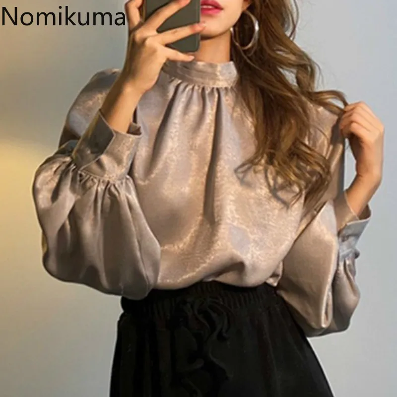 Рубашка Nomikuma Женская атласная с воротником-стойкой и длинным рукавом шикарная