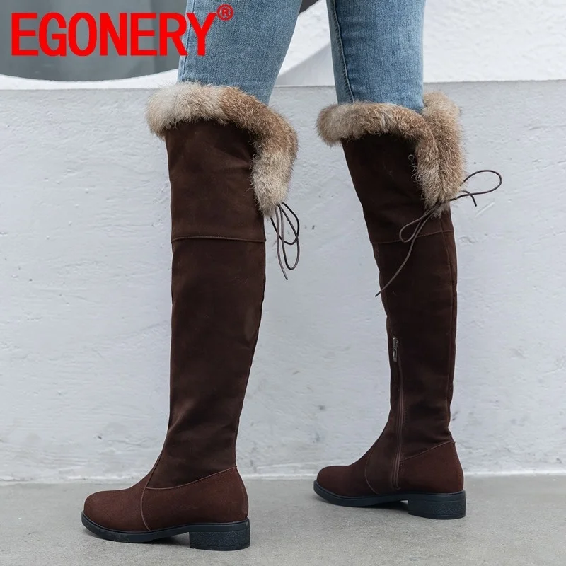 

EGONERY 2019 winter new plush warm knee high boots outside comfortable low heels zip round toe casual women shoes drop shipping