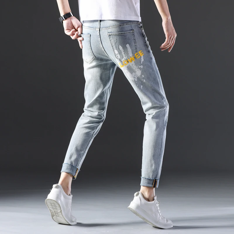 Promo Men's Fashion Jeans  Casual Stretch Slim Classic Trousers Denim Pants Male Pencil Casual Leggings Jeans blue Retro Hole Jeans
