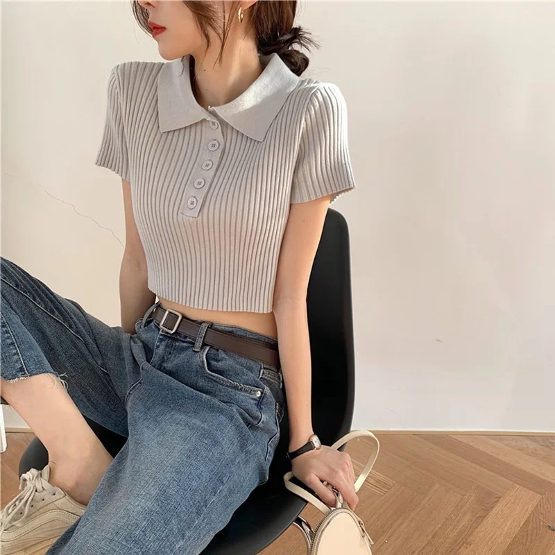 Женская короткая рубашка Повседневная блуза с отложным воротником и коротким