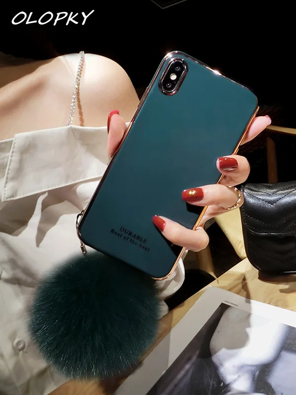 Full-back-cover Solid color Simple Golden rim Plush ball Soft silicone For iPhone 11 11Pro Max XS XR 7 8 6 6S Plus Case |