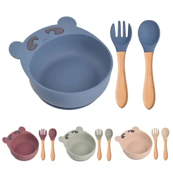 Los niños de silicona tazón cuchara y tenedor conjunto bebé de dibujos animados oso taza de succión Anti caída alimentos complementarios de placa de los niños platos