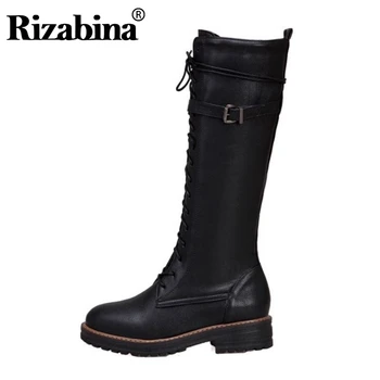 

RIZABINA 2020 New Women Knee High Boots Round Toe Zipper Buckle Long Boots Solid Color Winter Warm Women Footwear Size 34-43