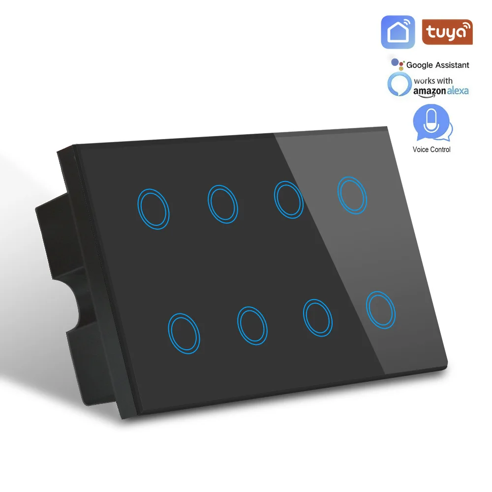 Tanie Tuya inteligentne życie kontrola aplikacji WIFI przełącznik UK 110 240 V, szkło kryształowe 8 gang światła wifi przełącznik 600 W, kompatybilny Alexa Google