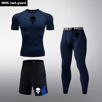 

New 3 piece Set Skull MMA Tactical T-shirt Male Gym Bodybuilding shirt Quick dry Top sports exercise Set Brand Men's Clothing