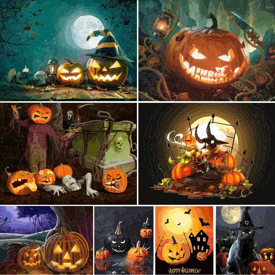 Oil Painting By Numbers Halloween Gift Pumpkin For Adults Kids DIY Color Art Picture Kit On Canvas Draw Acrylic Paint Crafts | Дом и сад