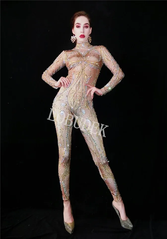 Обтягивающий комбинезон с блестящими кристаллами телесного и золотого цвета, обтягивающий комбинезон, сексуальный женский танцевальный костюм для акробатических выступлений, колготки для танцев на шесте