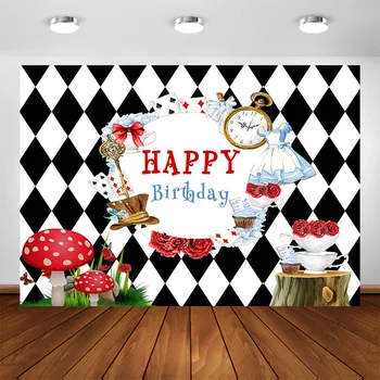 

Alice in Wonderland Birthday Backdrop Girl Baby Birthday Tea Party Photography Backgrounds for Photo Studio