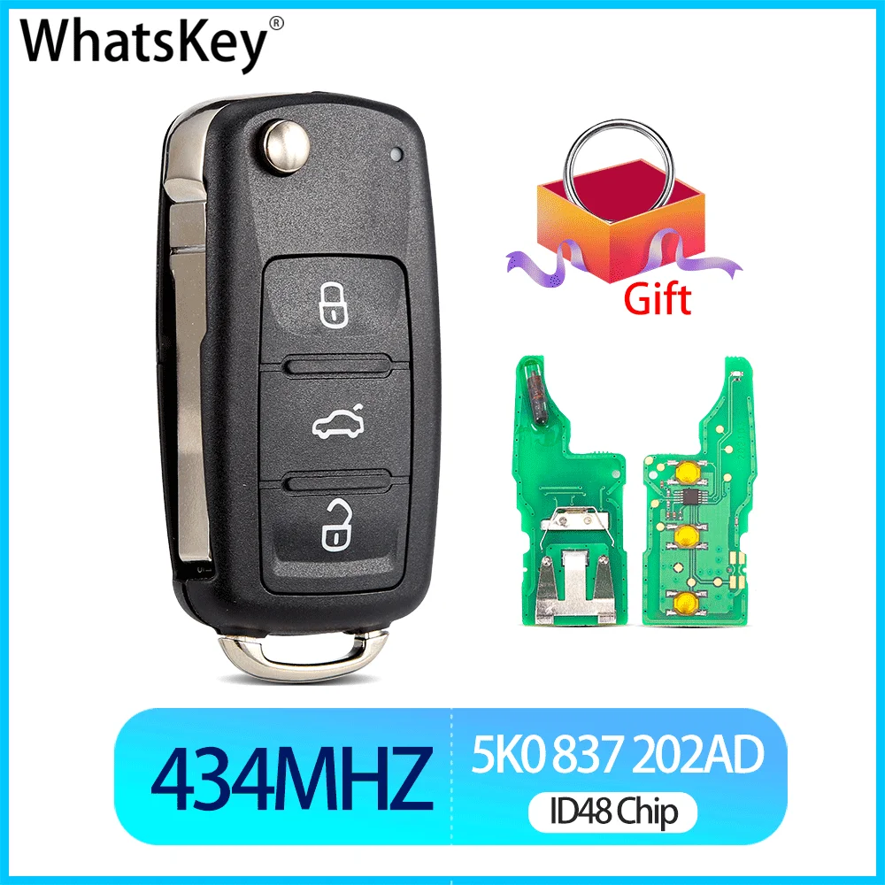 WhatsKey 3 Button Remote 434MHz ID48 Key For Volkswagen VW Golf Beetle Caddy Polo Touran Scirocco Tiguan For Skoda 5K0837202AD