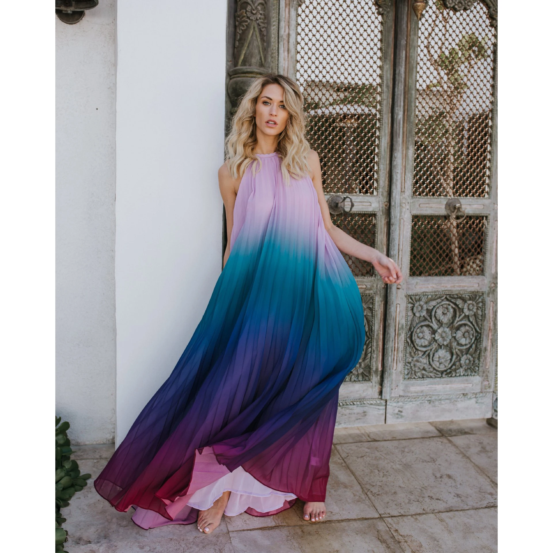 

Zoe Saldana Women Dress female Chiffon Dress spring summer backless sleeveless long dress halter beach dress