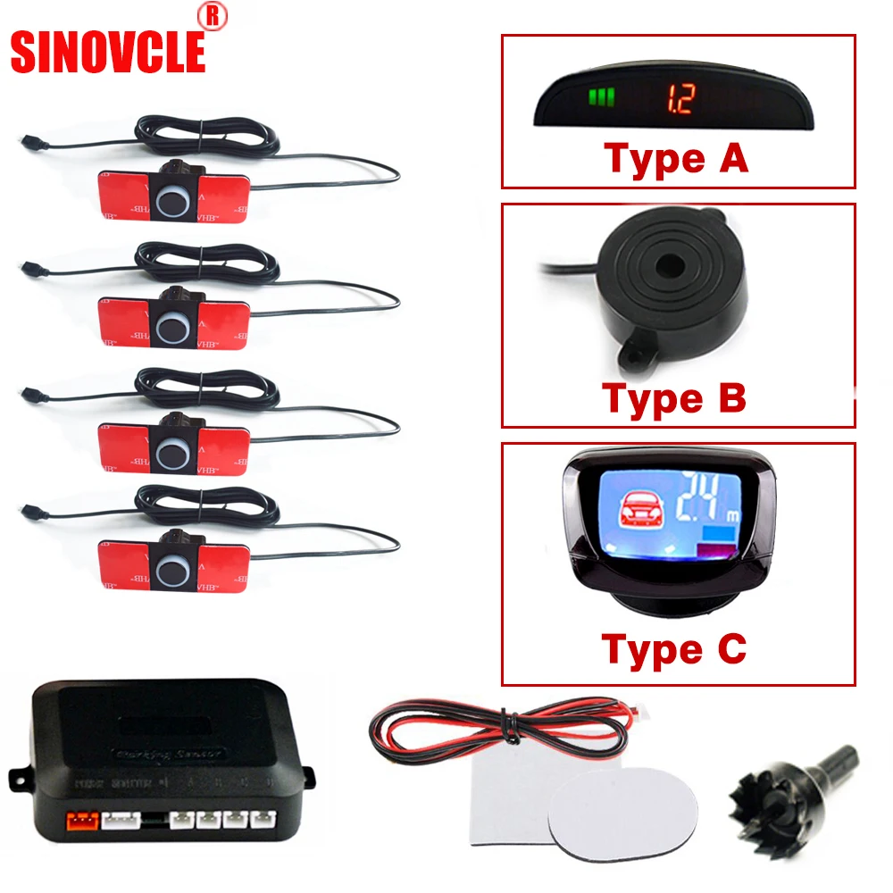 SINOVCLE Kit de sensores de aparcamiento de coche LED/LCD/Zumbador 16mm inversa Sistema de Control de Radar de marcha atrás 12V 12V 6 colores con agujero VI