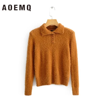 

AOEMQ Fashion Pullovers Fluff Warm Spring Sweater Caramel Solid Color Turn-down Collar Sweater Plus Cashmere Women Clothing