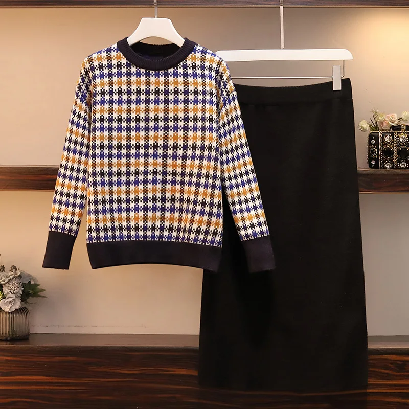 

2019 Winter New Style Korean-style Large Size Dress Fat Mm Plus-sized Western Style Plaid Slimming Knitted Two-Piece Set