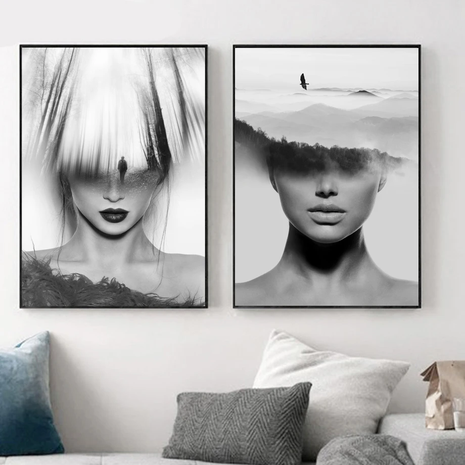 

Abstract Girl Mountain Forest Black White Wall Art Canvas Painting Nordic Posters and Prints Wall Pictures For Living Room Decor