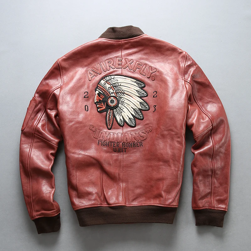 AVIREXFLY 2020 New Men Indian Skull Embroidery Genuine Leather Jacket Fashion Thick Goatskin Air