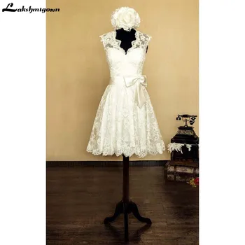 

Short Lace Wedding Dress V-Neck Sleeveless Keyhole Back Beach Wedding Gowns Short Wedding Bride Dresses