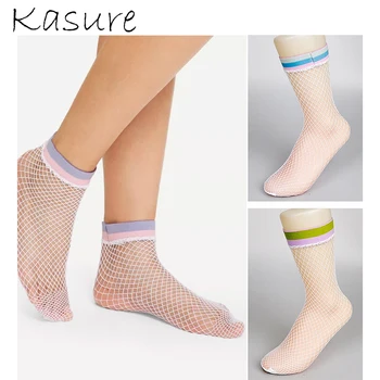 

KASURE Fishnet Short Ankle Socks With Colorful Cuff Decorate For Women Line Top End Hipster Sexy Spring Summer Short Socks