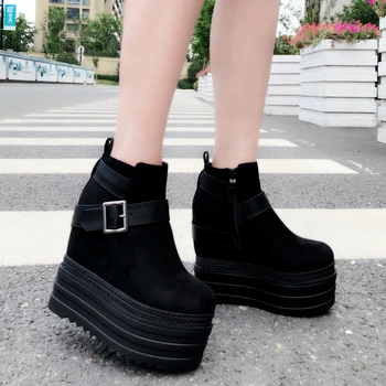 

13 Cm Suede Muffin Bottom Increased Within Wedges Short Boots Waterproof Platform Super High Heel Women's Boots Sexy Ankle Boots