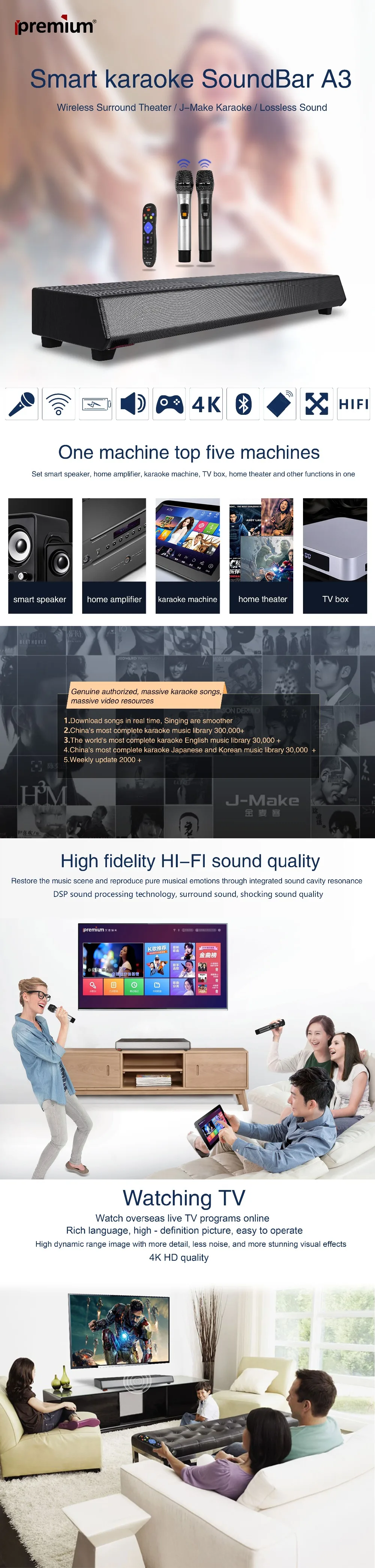 ipremium Домашний кинотеатр 5,1 караоке домашняя система Bluetooth 4,0 аудио микшер