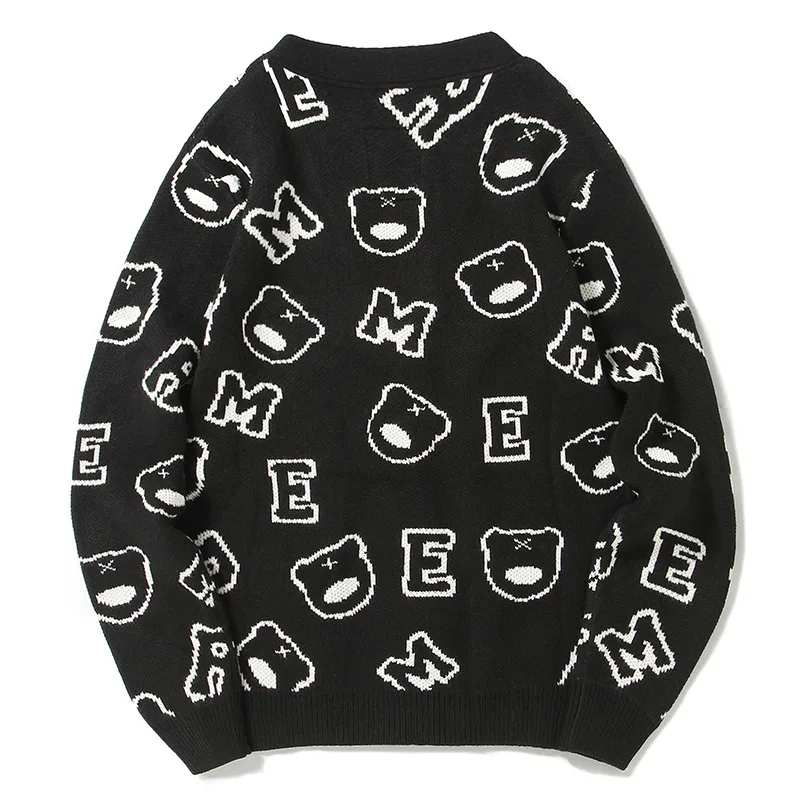 Autumn Dong Style Panda Jacquard Knit Shirt Influx Men V-neck Cardigan Sweater Tide Card Jacket Large Size Casual Sweater