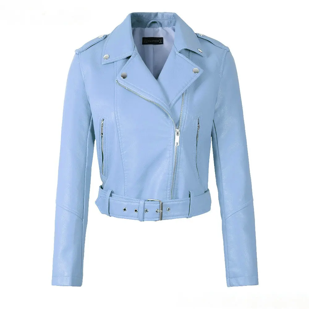 8828 Light Blue Новинка, Женские Осенние Зимние Куртки из искусственной мягкой кожи, женские куртки белого, красного, черного, зеленого цвета, мотоциклетные уличные пальто из искусственной кожи на молнии с поясом - Цвет: 8828 Light Blue