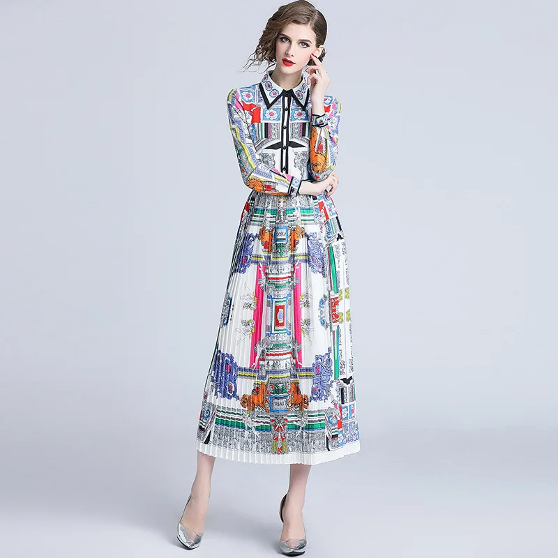 

2018 New Style Europe And America Heat Transfer Floral Patterns Shirt Fold-down Collar Long Sleeve Waist Hugging Pleated Dress a