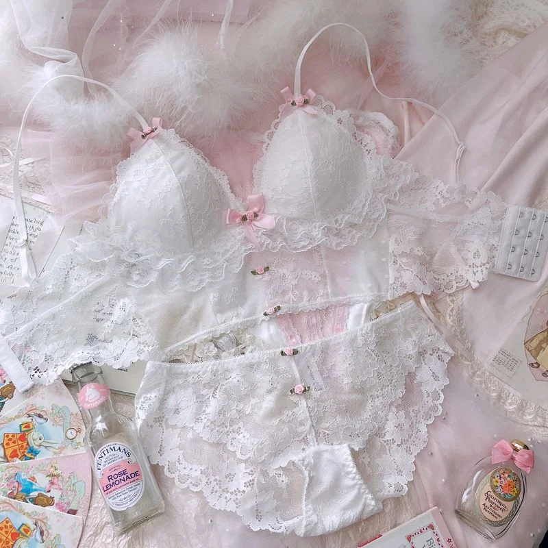 Women's Sweet lace Lingerie Set Cute Lolita Bow Bra and Panty Set Girls  White Underwire Plus Up Underwear (Color : White, Size : 80D)