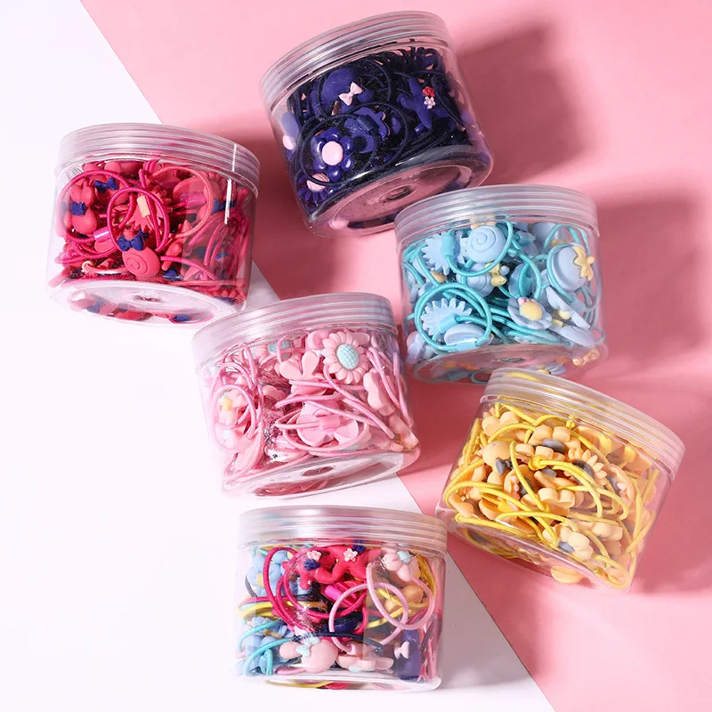 60pcs/lot Small Rubber Elastic Hair Band Cartoon Flower Resin Children's Hair Ring Hair Accessories for Girl