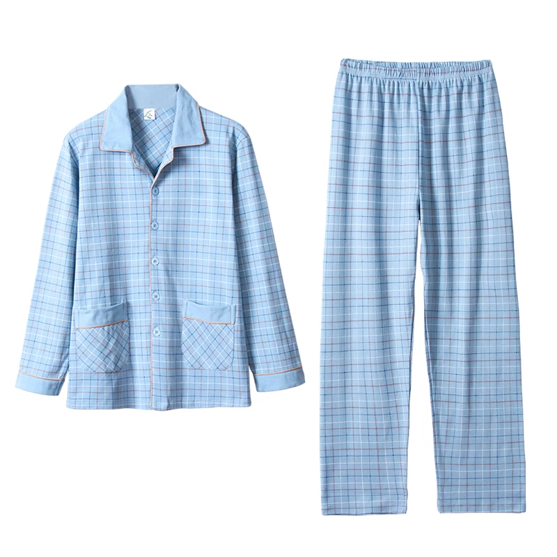Plaid 100% Cotton Sleepwear Men Warm Long Sleeves Button-Down Pajamas Set 2Pieces Mens Soft Pure Cotton Nightwear PJs Blue Plaid 100% Cotton Sleepwear Men Warm Long Sleeves Button-Down Pajamas Set 2Pieces Mens Soft Pure Cotton Nightwear PJs Blue