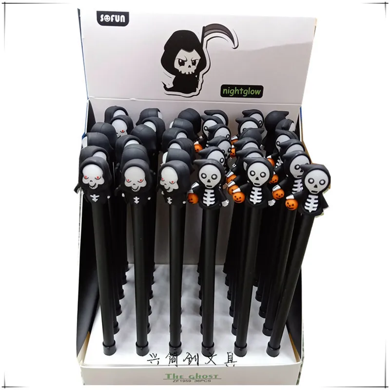 

Hot Creative 36pcs Luminous Skull Gel Pens for School Writing Kawaii School Supplies Halloween Stationry Novelty Office Gift