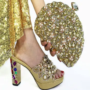 

Nigerian Slipper High Heels Shoes And Bag Set Pretty Decorated With Rhinestone Ladies Shoes And Bag Set For Wedding Dress
