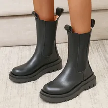 

2021 Winter Ankle Boots For Women Platform Boots Chunky Black Leather Brand Fashion White Black Round Toe Boots Shoes Woman