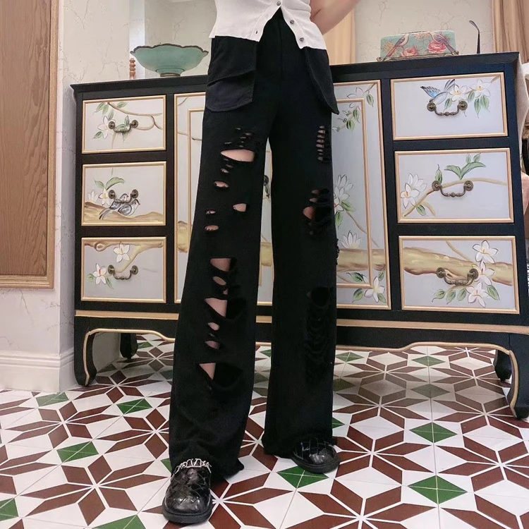 Vefadisa 6 Style Women Holes Wide Leg Pants 2020 Summer Women High Waist Straight Pants Female Plus Size Slim Pants ZQY242B