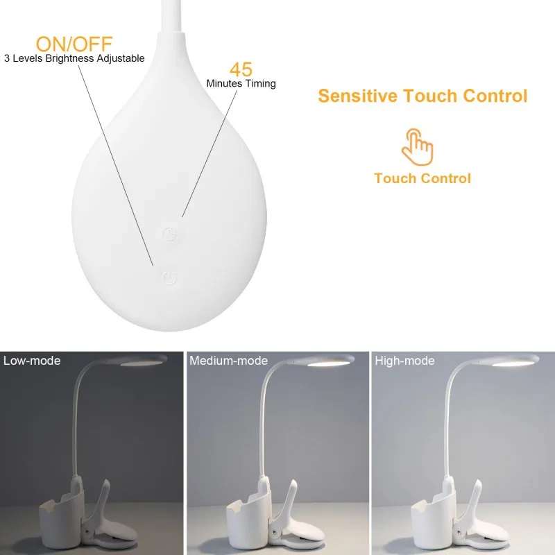 

Rechargeable LED Desk Lamp Adjustable Brightness Eye Protection Reading Light Portable Clip On Light With Flexible Gooseneck